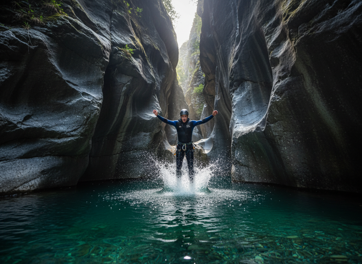 Personne en combinaison sautant dans une vasque turquoise au fond d'un canyon des Alpes-Maritimes